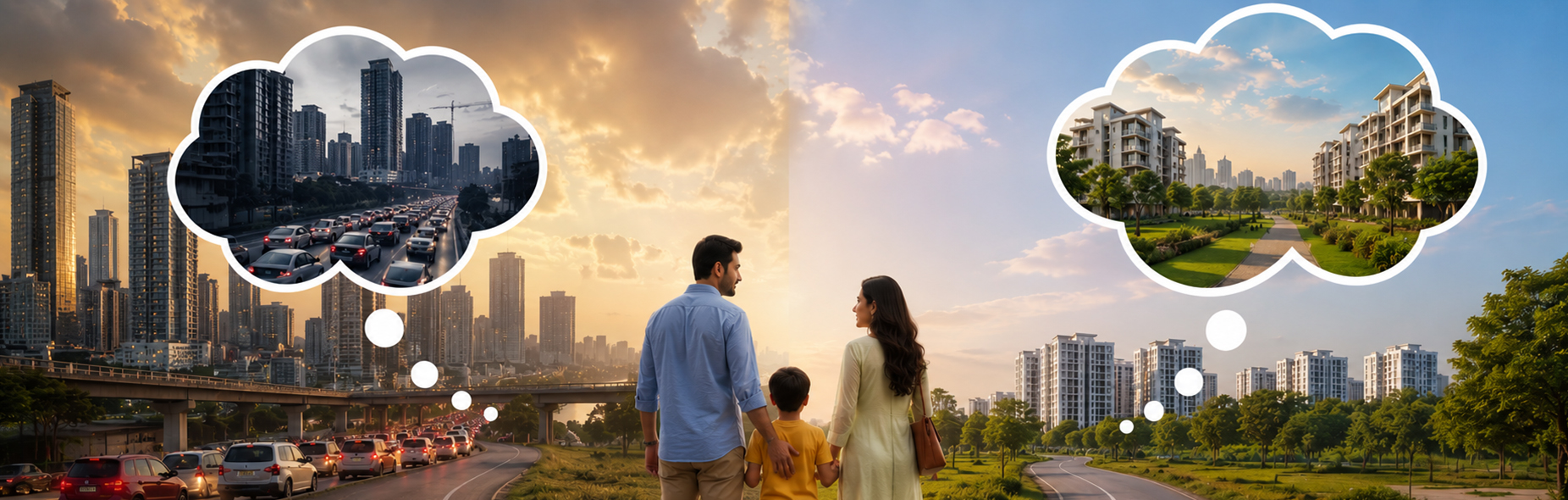 Wide view of residential apartment towers in Tellapur West Hyderabad with greenery